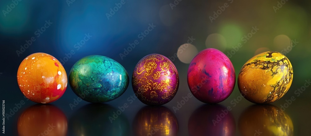 Aufkleber Vibrant and artistic Easter eggs displayed elegantly on a reflective surface with a dreamy background bokeh effect