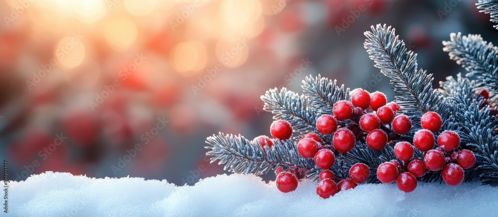 Poster christmas fir tree branch adorned with holly berries resting on fresh snow with a warm bokeh backgro
