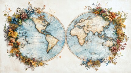 Naklejka premium Exploring the old world map with botanical borders in a romantic style for home decor inspiration