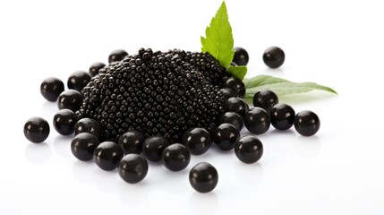 Black caviar delicately arranged with fresh greenery on a pristine white background showcasing luxury gourmet food presentation