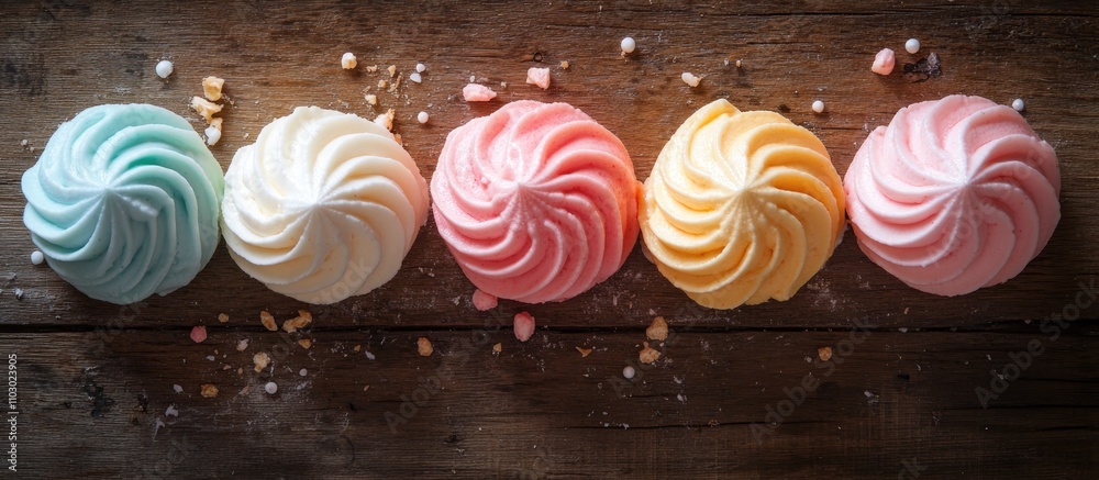 Poster Colorful merengues arranged on rustic wooden surface with scattered toppings creating an appetizing dessert display