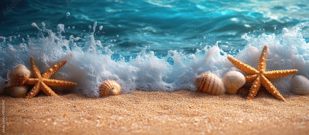 Poster seashells and starfish on golden sand with blue ocean waves and white foam at the shoreline in a ser