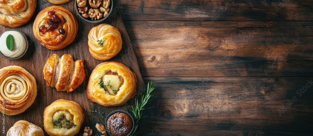 Poster Top view of assorted pastries arranged on a rustic wooden table with fresh ingredients and a warm inviting ambiance