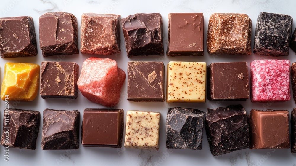 Poster Assorted gourmet chocolate squares in various colors and shapes displayed on a marble background for confectionery promotions.