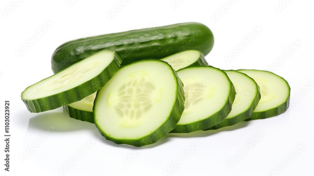 Poster fresh green cucumber slices arranged artistically with whole cucumber on a white background showcasi
