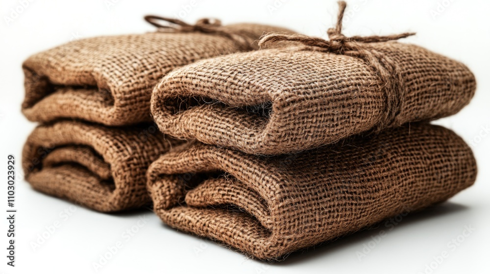 Poster Burlap sacks stacked neatly on a white background showcasing natural texture and rustic appearance for versatile packaging use