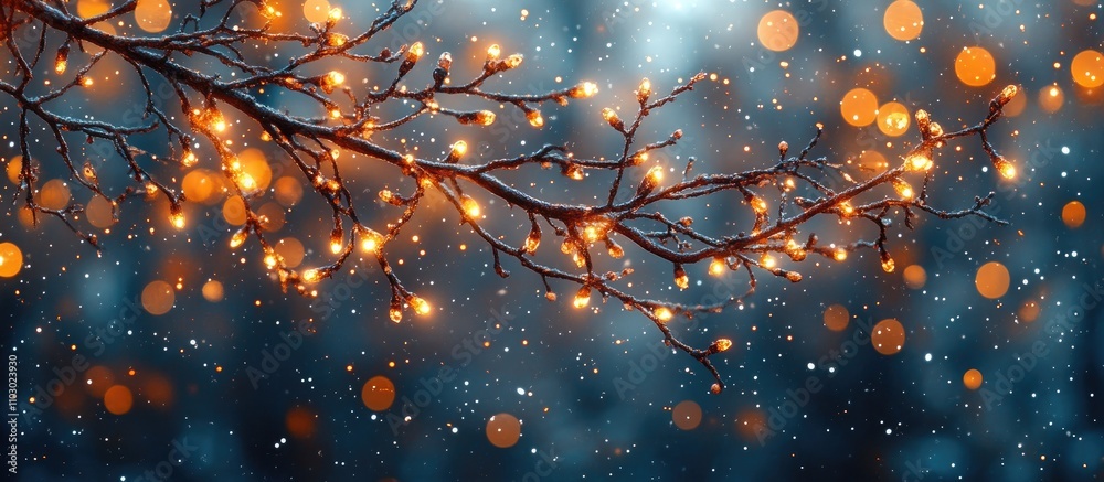 Poster Tree branch decorated with warm fairy lights and vibrant bokeh effect in a winter wonderland setting creating a magical ambiance