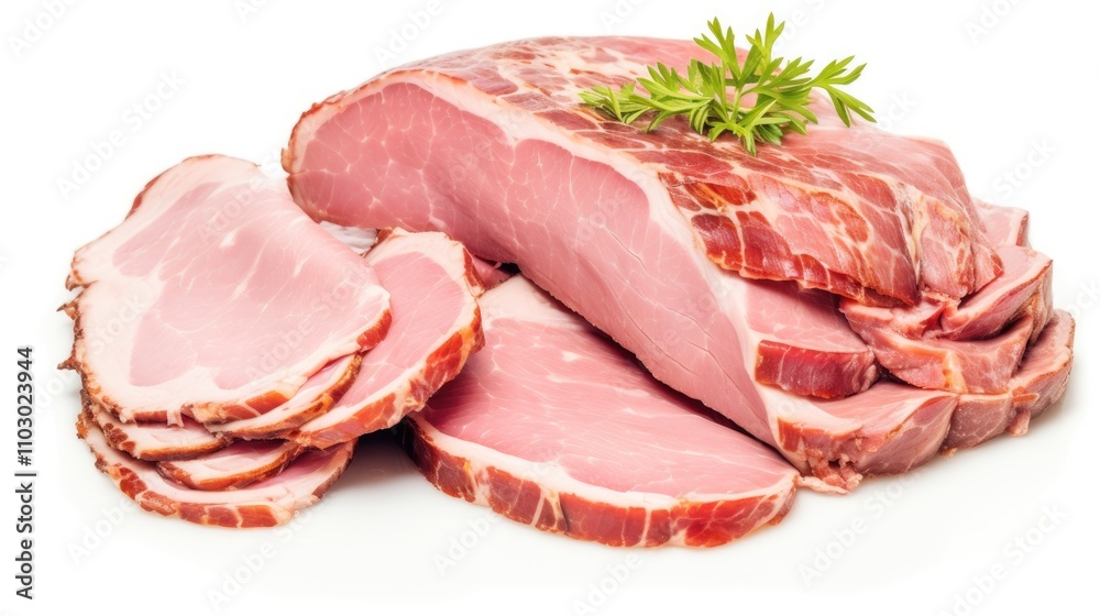 Poster sliced pork and beef ham arranged on a white background garnished with herbs showcasing texture and 