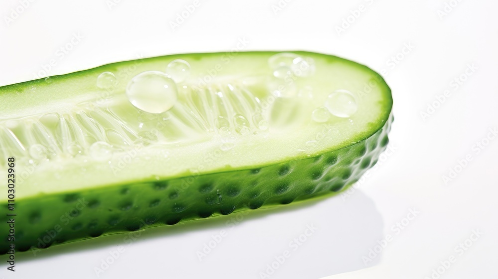 Poster macro shot of a fresh green cucumber slice with water droplets on a white background highlighting it