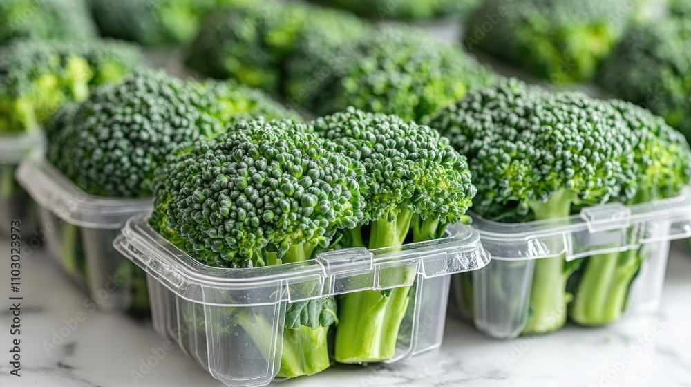 Poster freshly harvested broccoli bunches in clear containers arranged on a marble countertop with a white 