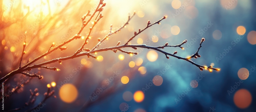 Poster Close up of a tree branch adorned with soft glowing lights and a dreamy bokeh effect creating a warm atmospheric background