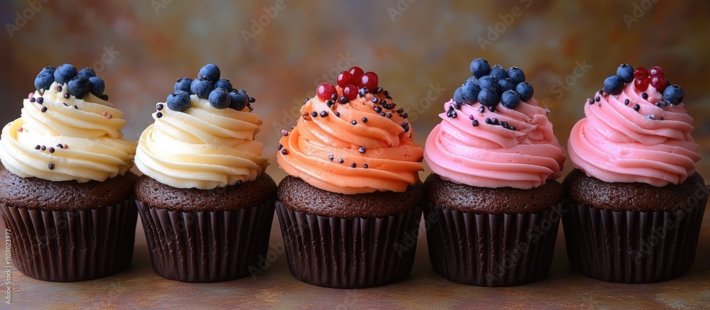 Aufkleber delicious cupcakes with colorful cream toppings and fresh fruit garnishes arranged on a rustic backg