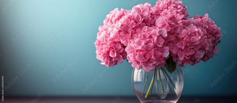 Aufkleber elegant pink hydrangea bouquet in a clear glass vase against a soft blue background creating a refre