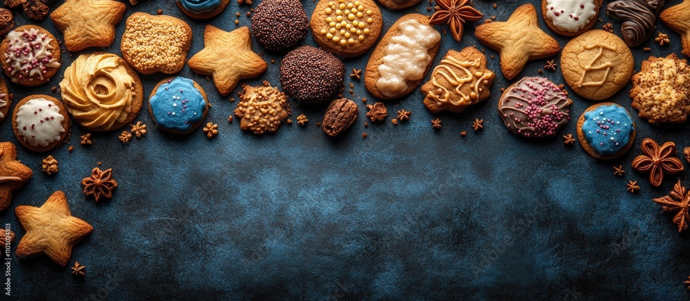 Poster Vibrant cookie border on dark stone backdrop with copy space for baking ideas or dessert themes in top view composition