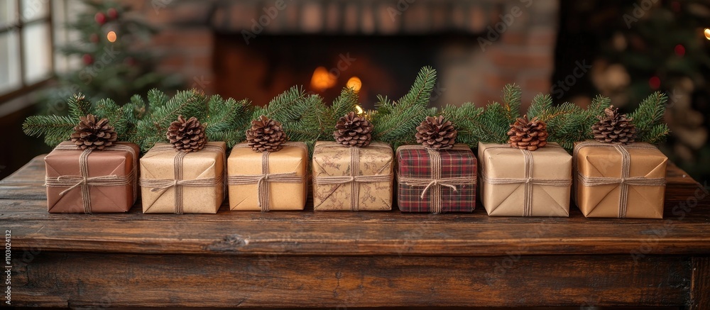 Poster rustic christmas backdrop with handcrafted gift boxes adorned with pinecones and greenery on a woode