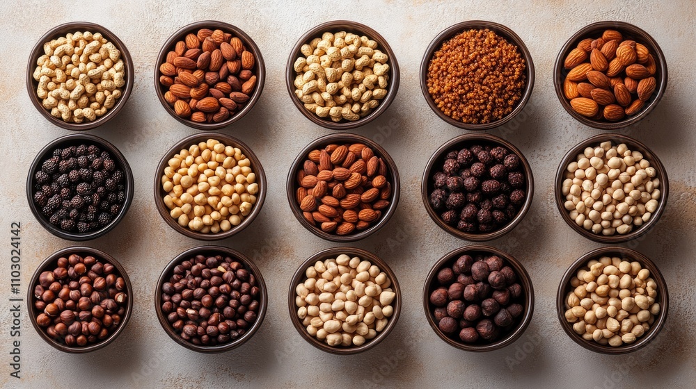 Aufkleber diverse assortment of nuts displayed in bowls arranged on a textured tabletop background showcasing 