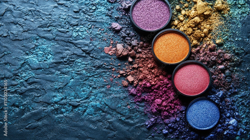 Aufkleber Vibrant eye shadow powders arranged in circular containers on a textured background showcasing a colorful spectrum of shades and pigments