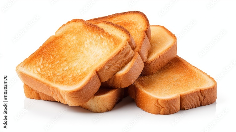 Poster Toasted bread slices stacked on a white background showcasing texture and golden color for culinary and food photography use.