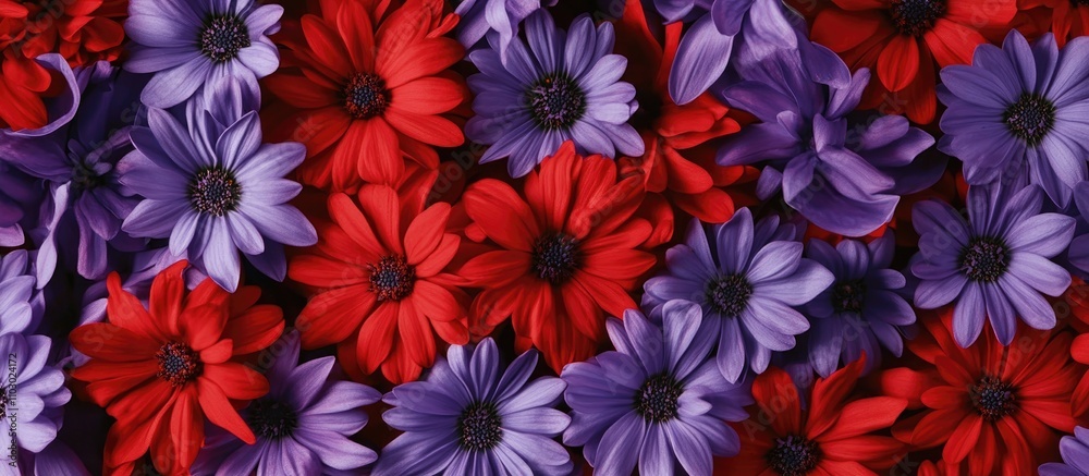 Poster vibrant close up of a mixed bouquet featuring red and purple flowers with ample copy space for text 