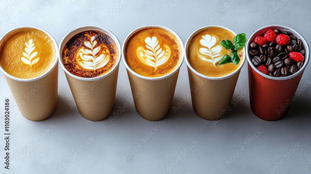 Poster Variety of take away coffee cups with latte art and toppings displayed in aerial view against a light background