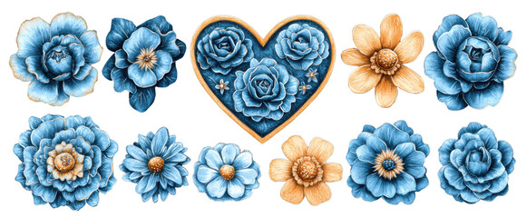 Elegant Blue Gold Floral Heart Design Botanical Flowers Peonies Roses Daisies