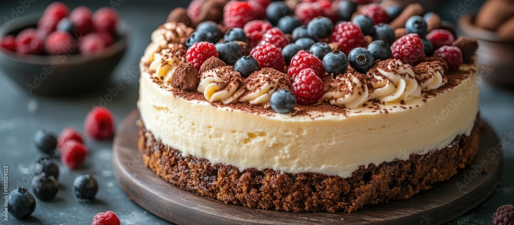 Poster close-up view of a delectable tiramisu cake topped with fresh raspberries and blueberries on a grey 