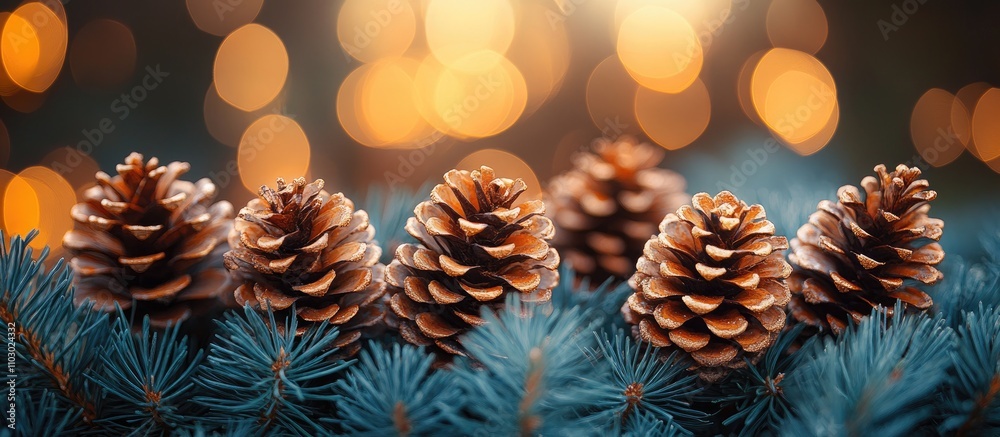 Poster christmas decoration with a fir tree branch and pine cones creating a festive atmosphere with blurre
