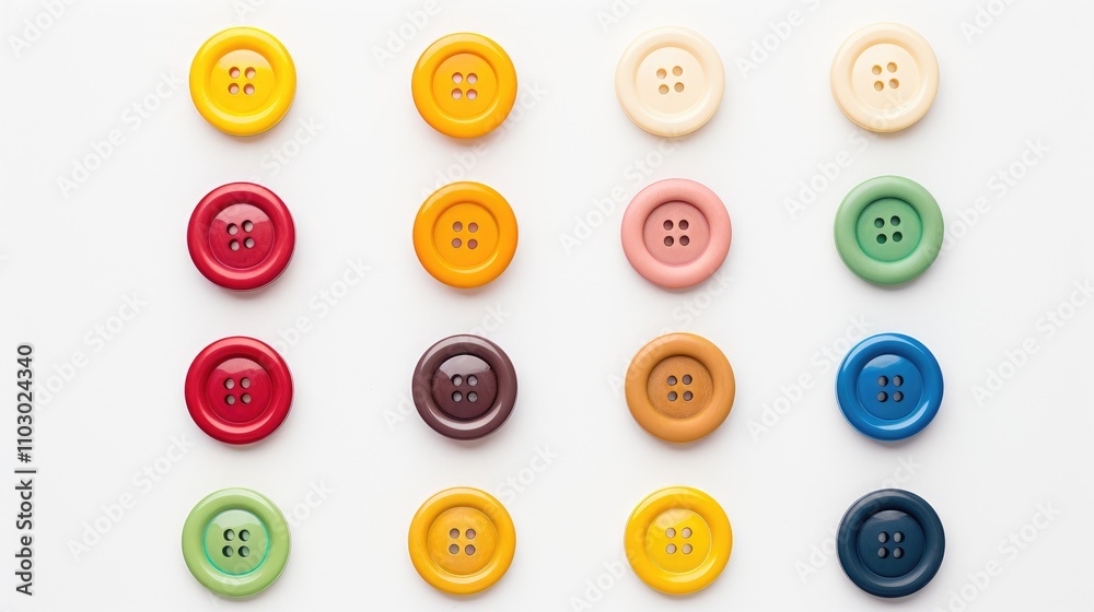 Poster colorful clothing buttons arranged in rows on a white background showcasing a variety of shapes and 