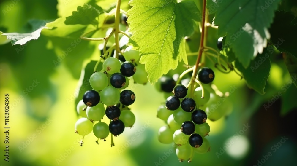 Poster close up of green and blackcurrant berries on a bush in a garden with selective focus highlighting t