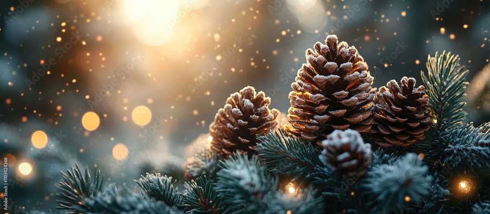 Poster Christmas fir tree with frosted cones in a snowy landscape creating a festive atmosphere for New Year celebrations and seasonal greetings.