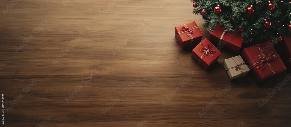 Poster christmas tree and gift boxes on wooden surface overhead view with space for your festive message or