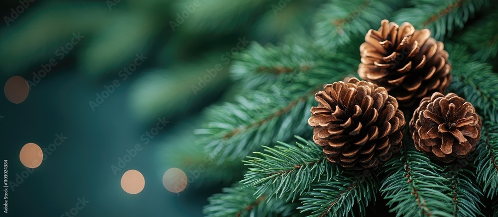 Poster Fir tree branches with pinecones and festive bokeh creating a serene evergreen holiday atmosphere for winter celebrations.