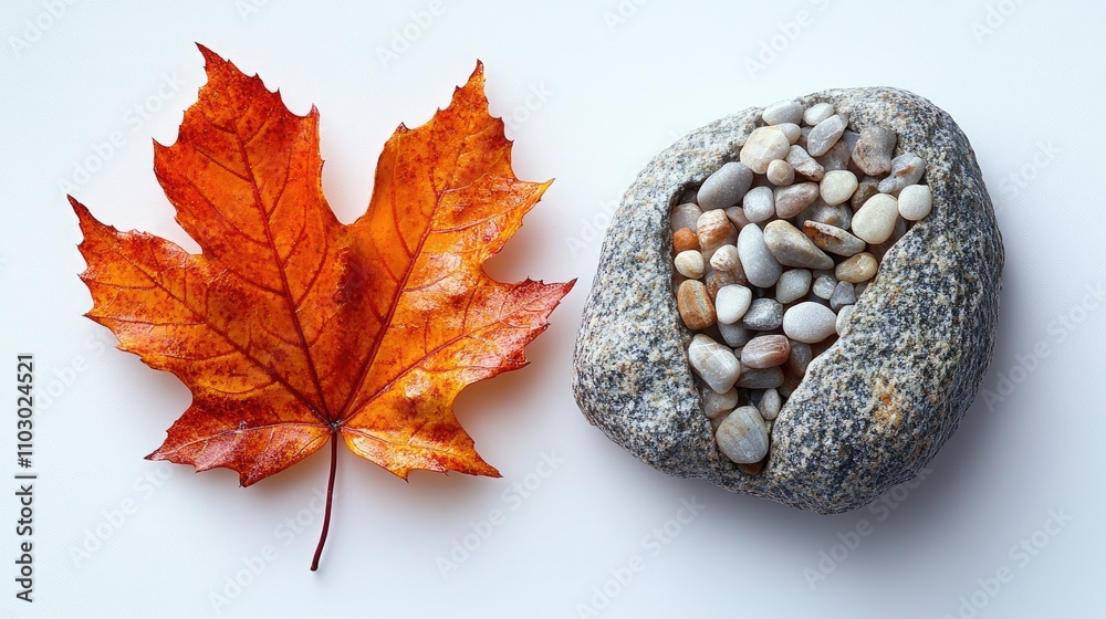Poster vibrant autumn maple leaf with curled edges beside a textured stone filled with pebbles on a clean w