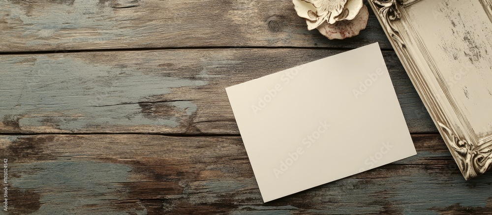Poster blank card on rustic wooden surface with decorative frame and flower accent perfect for text or pers