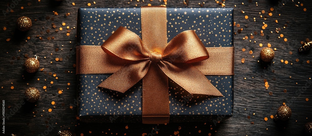 Poster elegant gift box with golden ribbon on wooden surface surrounded by festive decorations and empty sp