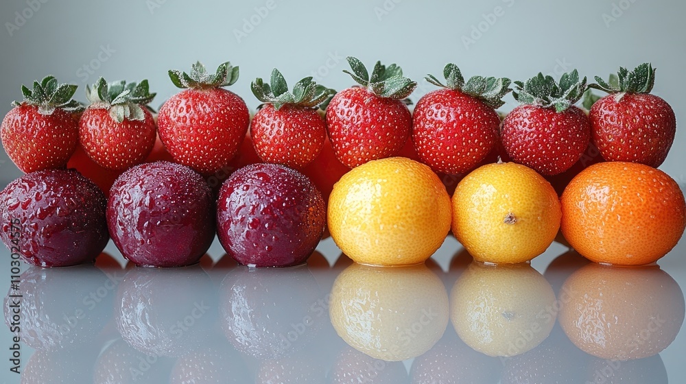 Poster colorful assortment of fresh fruits including strawberries and citrus arranged on a reflective surfa