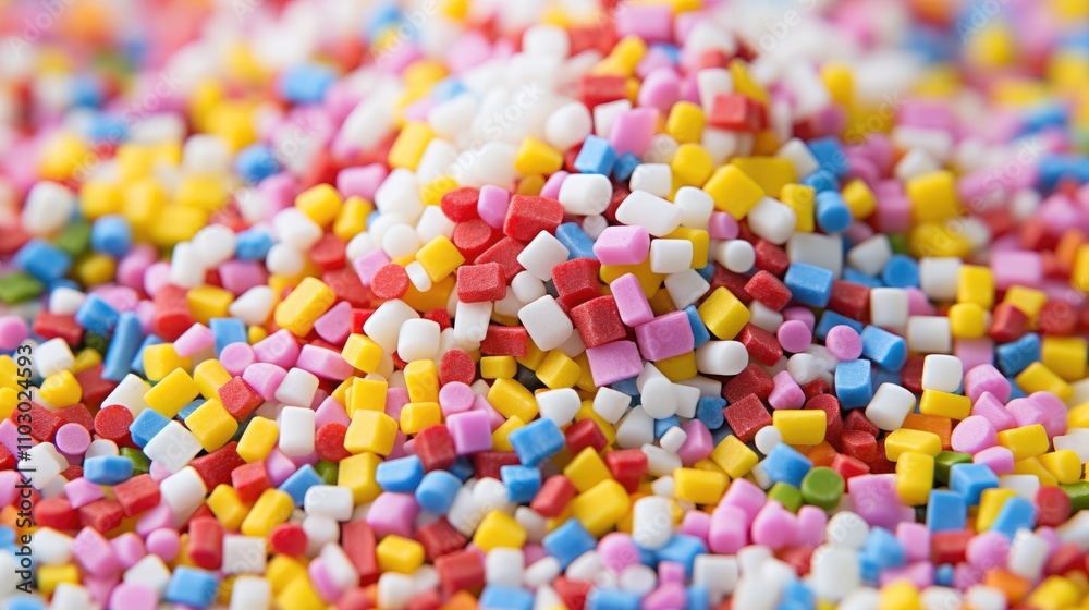Poster close up of vibrant cake sprinkles in various colors arranged on a white background for baking and d