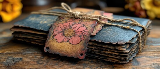 Vintage floral tag decorations on a rustic wooden surface tied with twine showcasing artistic craftsmanship and nostalgic charm