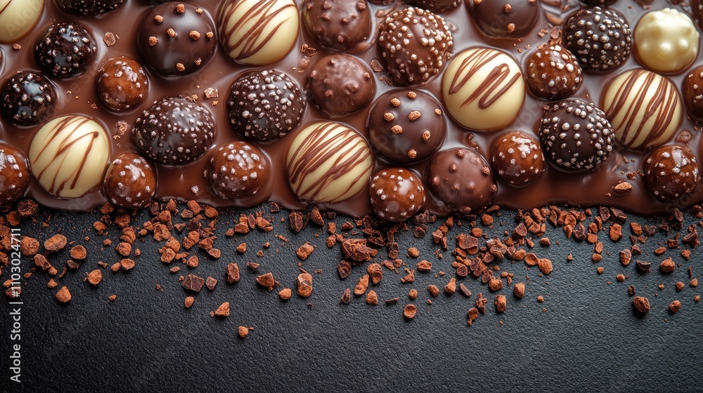 Aufkleber assorted chocolate candies arranged on a dark surface with a blank space for text or branding purpos