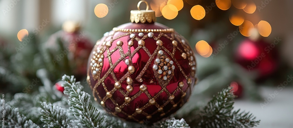 Poster quilted design christmas ornament in rich red with decorative beads set against a festive background