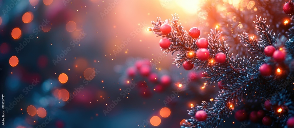 Aufkleber Elegant Christmas tree branches adorned with vibrant red berries and warm bokeh lights creating a festive holiday atmosphere.
