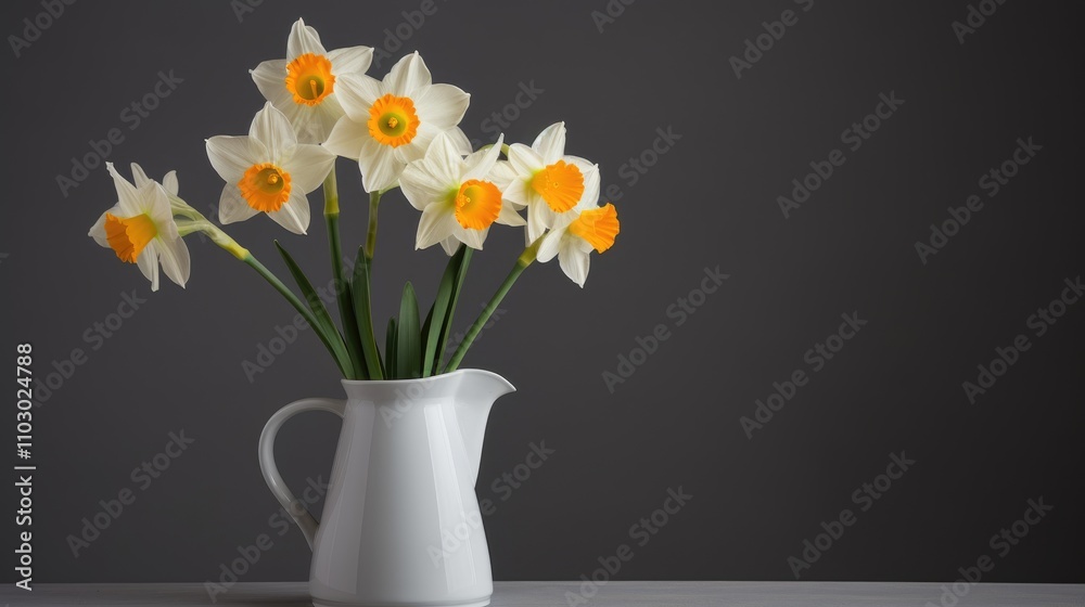 Poster daffodils in a white pitcher showcasing vibrant blooms against a textured grey background for elegan