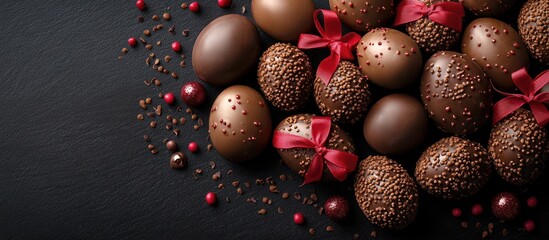 Obraz premium Variety of chocolate eggs with red ribbons on a black background festive composition celebrating holidays and special occasions