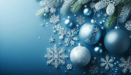 Elegant blue Christmas ornaments with snowflakes and frosted pine branches on a serene blue background