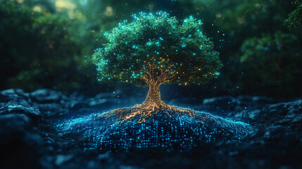 Illuminated tree with glowing roots in a lush, tranquil green forest