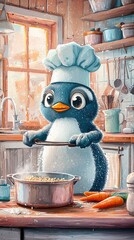 Adorable penguin chef wearing a tall chef's hat, mixing ingredients in a cozy cottage kitchen, soft...