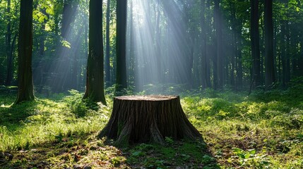 Sunlit tree stump in a serene forest, surrounded by lush greenery and soft rays of sunlight filtering through the dense canopy overhead.