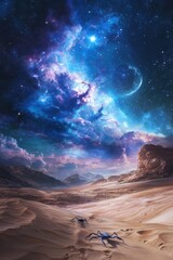 Scorpions crawling in the sahara moonscape under a cosmic sky desert landscape celestial viewpoint silver-toned dreamscape for enhanced seo visibility