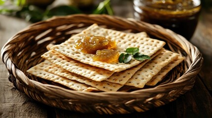 Obraz premium Wicker plate featuring matzah topped with key lime jam, beautifully arranged on rustic wood for traditional holiday celebrations.