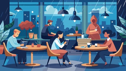 A group of people are sitting at tables in a restaurant